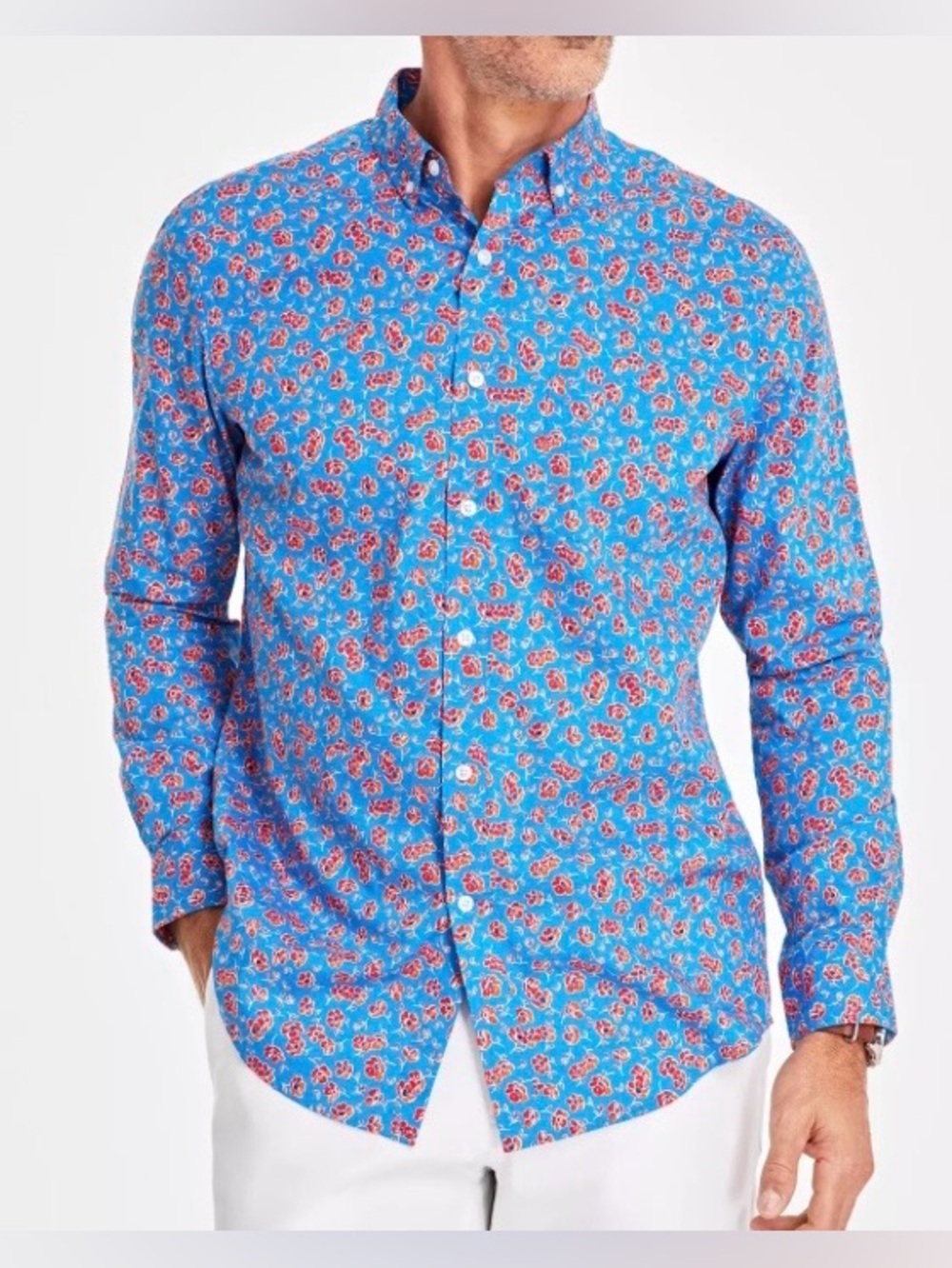 Club Room Blue Button-Down Shirt with Red Floral Print 2XL